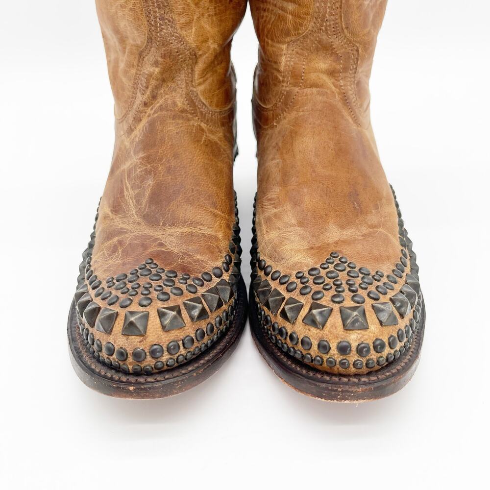 Lucchese Tan Studded Leather Heeled Cowboy Boots - Picture 6 of 11